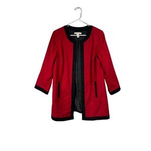 Chico's Size 8 Red Black Trim Longline Open Front Jacket Cotton Blend